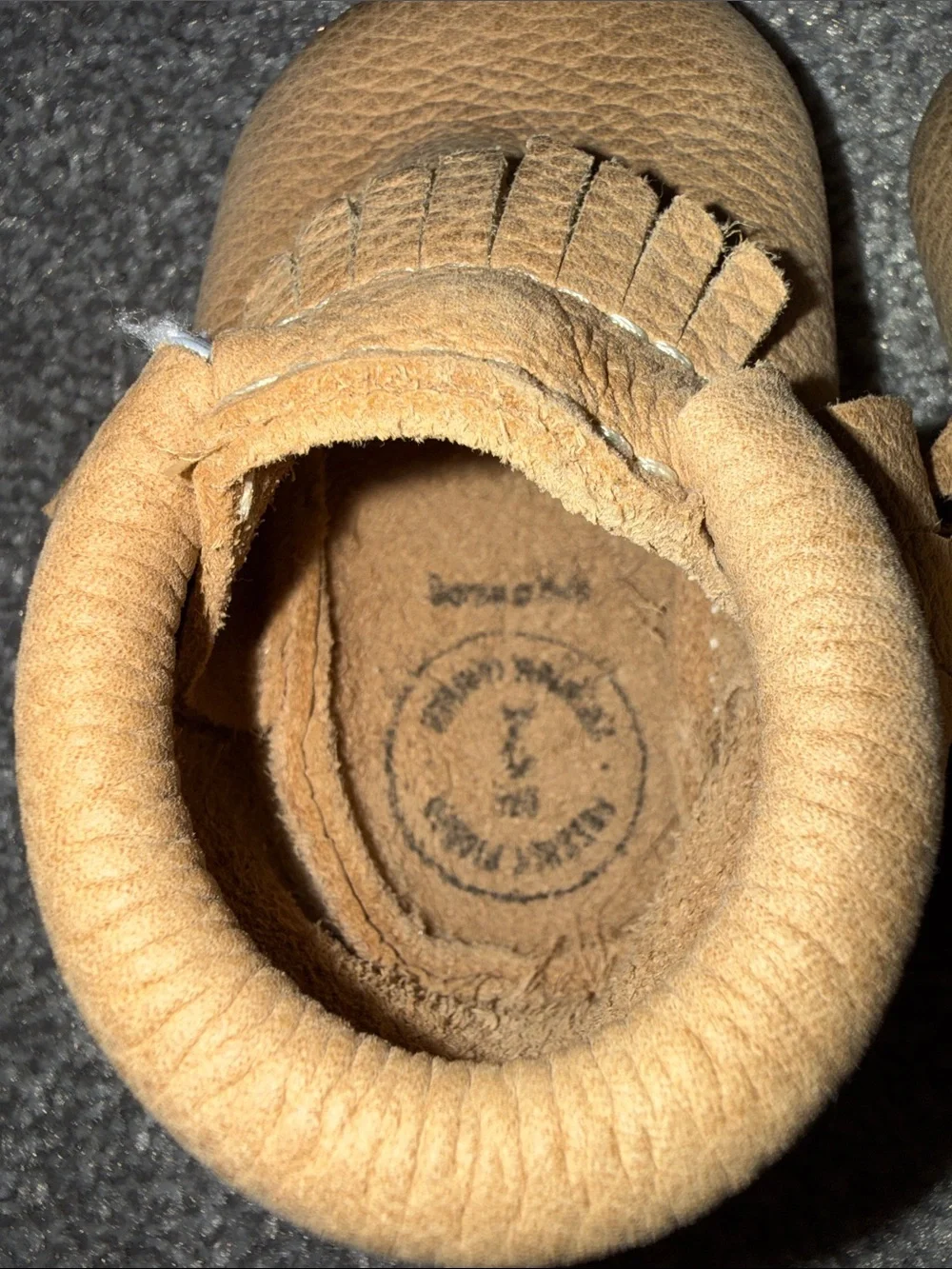 Classic Fringe Baby Moccasins in Tan (minor stain on one)